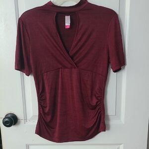 No Boundaries Deep Red Ruched Wrap Style Top With Keyhole Neckline